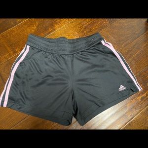 Adidas black shorts with light pink stripes